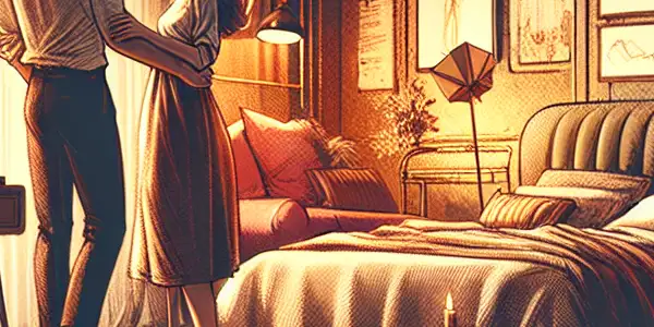 A cozy bedroom scene featuring a couple engaged in playful intimacy, surrounded by erotic art and warm lighting.