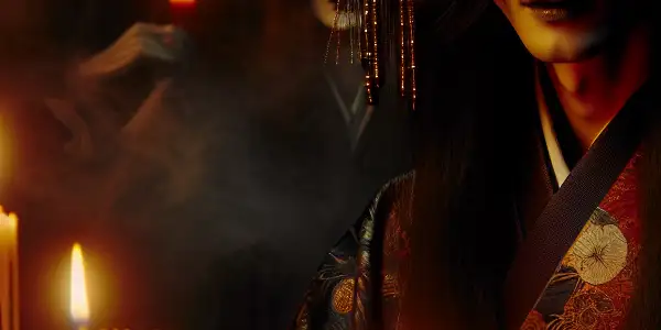 A hauntingly beautiful figure in a dimly-lit room, blending elements of horror and eroticism with supernatural hints.