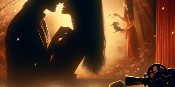 A cozy film screening room with a vintage projector, showcasing a couple's intimate moment amidst Japanese decor and cherry blossoms.