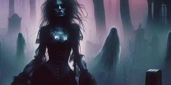 A mysterious woman in a tattered gown stands in a misty forest, surrounded by ghostly figures, evoking fear and allure.