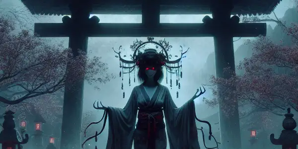 A ghostly figure haunts a dimly lit Japanese temple, surrounded by misty woods and eerie shadows.