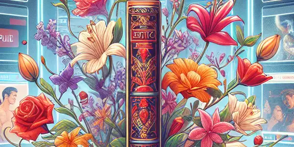 A vibrant digital space showcasing erotic literature and adult films, featuring an open book and high-definition screens.