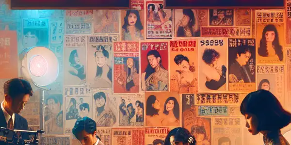 A nostalgic 1990s Hong Kong film studio scene featuring vintage erotic movie posters and glamorous actresses.