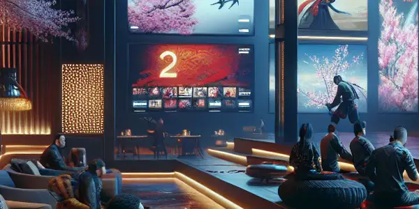 A modern virtual lounge for men, featuring high-definition screens and a sophisticated atmosphere with romantic decor.