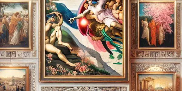 A grand gallery showcasing classical and contemporary erotic art, featuring iconic paintings and modern cinematic elements.