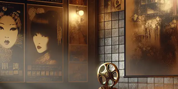 A dimly lit vintage cinema room featuring Japanese film posters, a projector, plush seating, and a bowl of popcorn.
