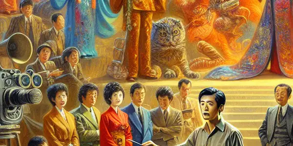 A vibrant 1980s film set depicting the evolution of Japanese adult video filmmaking with colorful costumes and whimsical backdrops.