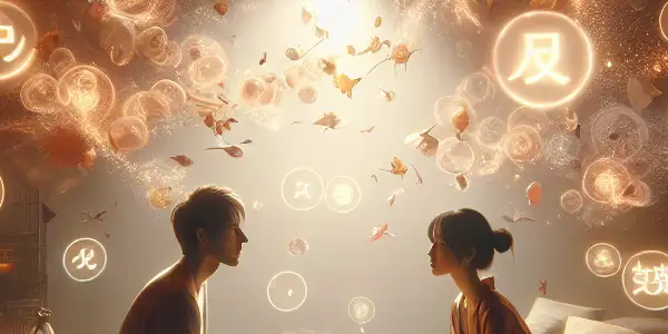 Two characters share a passionate conversation in a warm, intimate room, surrounded by glowing kanji symbols of emotional expression.