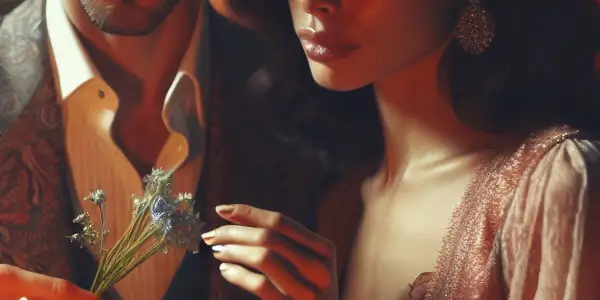 A couple sharing a tender moment of emotional intimacy in a softly lit, romantic setting.