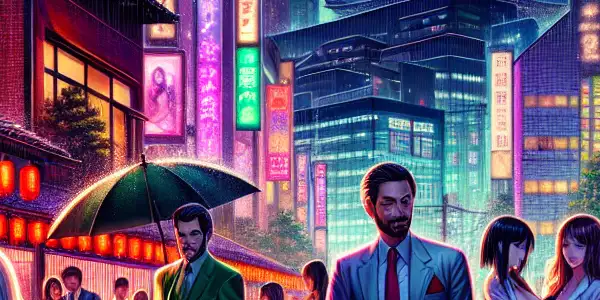 A vibrant Japanese cityscape at night, blending adult film set elements with diverse characters and iconic architecture.