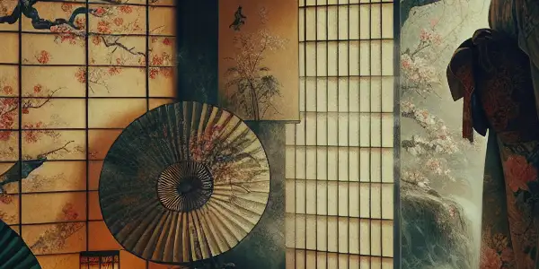 A serene Japanese room with a graceful figure in a kimono, embodying allure and intimacy amidst traditional elements.