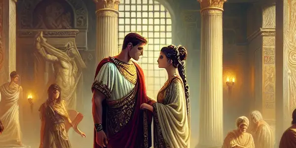 A vibrant Roman bathhouse scene featuring a gladiator and a matron in a passionate encounter amidst lush surroundings.