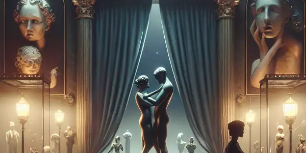 A mysterious adult entertainment museum filled with lifelike erotic dolls and vintage film art in a dimly lit room.