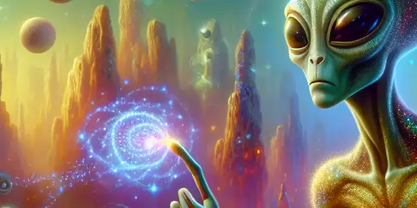 A vibrant alien landscape featuring a flirtatious extraterrestrial character amidst bioluminescent plants and swirling galaxies.