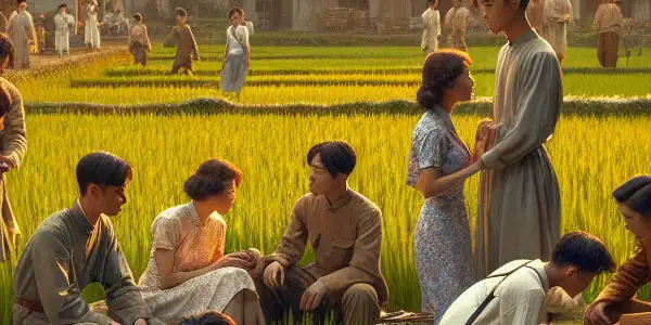 A group of young adults in 1970s attire shares an intimate moment in a lush Chinese countryside during the Cultural Revolution.